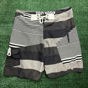 VTG Y2K SURF Zoo York Mens Board Shorts Size 36 Black Grey Striped Surf Trunks